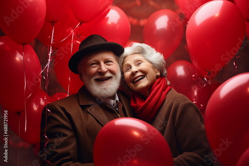 senior couple celebrate valentines day with red balloons