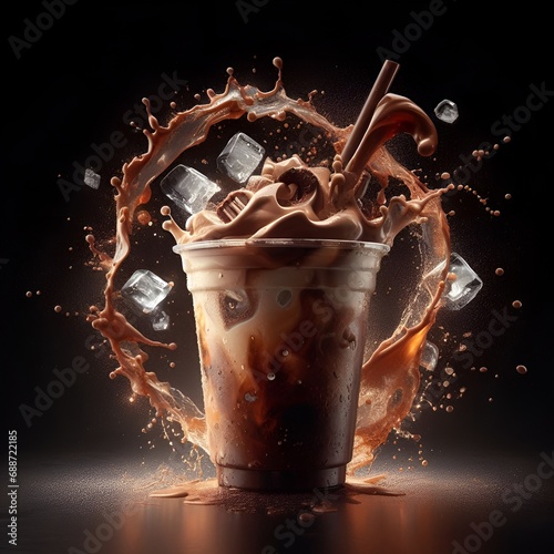 an iced chocolate orange drink with topped milk and powder cola in plastic cup