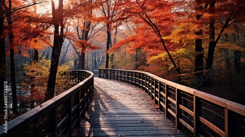 In a forest, there is a stunning wooden path that leads to stunningly colorful trees.