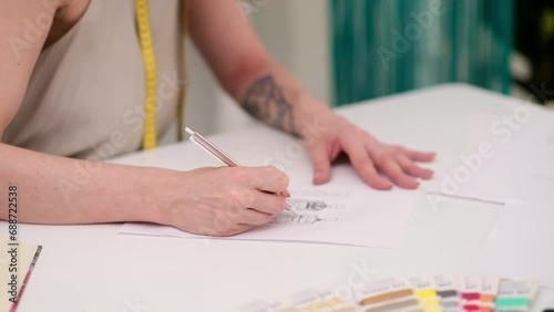 Lady designer draws clothes model on paper at table in fashion atelier tailor makes pencil sketch of apparel for women in sewing studio closeup dressmaking industry photo