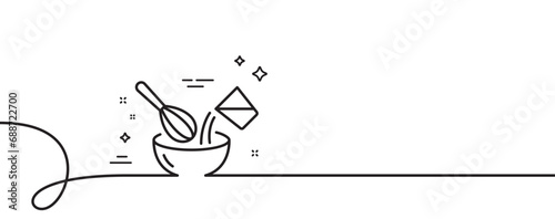 Cooking whisk line icon. Continuous one line with curl. Cutlery sign. Food mix symbol. Cooking whisk single outline ribbon. Loop curve pattern. Vector