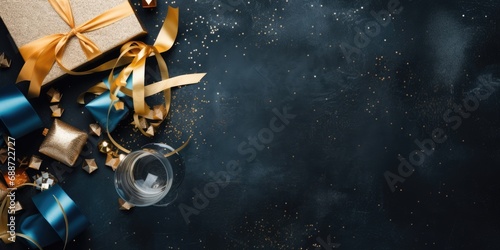 Flay lay new year holiday decoration and party streamers on gold festive background. Christmas, birthday or wedding concept. Flat lay. comeliness