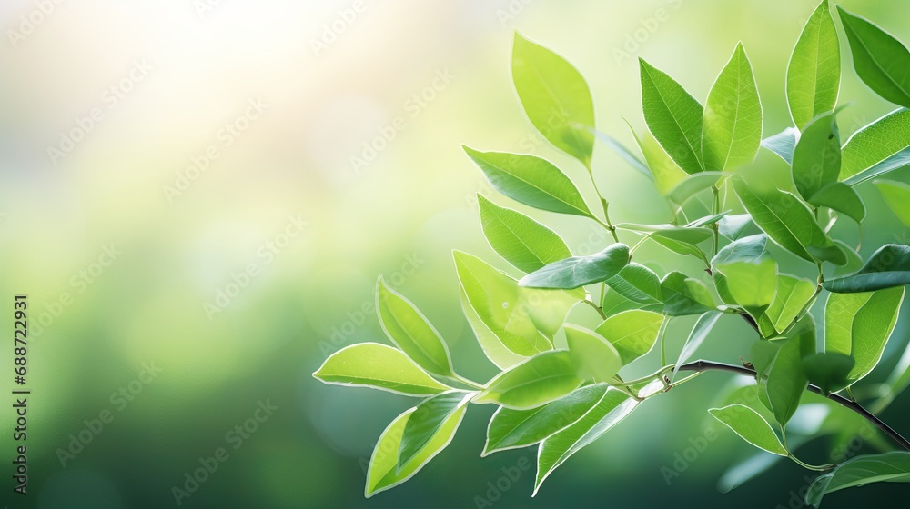 A close-up shot of a natural landscape scene featuring a green leaf against a blurred background with sunlight and bokeh, and natural plants as the backdrop. - obrazy, fototapety, plakaty 