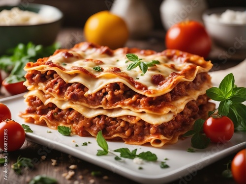 delicious home made traditional lasagna with ingredients at kitchen