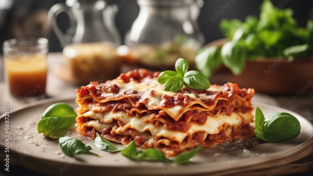 delicious home made traditional lasagna with ingredients at kitchen 

