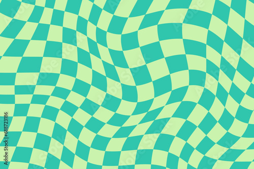 Psychedelic checkerboard green pattern. Funky checkered background. wavy graphic redraw design