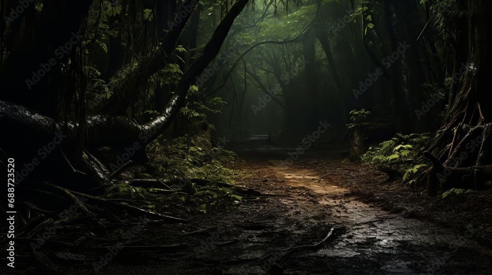 A dark forest with greenery surrounding it and a small amount of light coming from above is the location of the curvy, narrow, and muddy road. A dark forest with greenery surrounding it and a small amount of light coming from above is the location of the curvy, narrow, and muddy road.