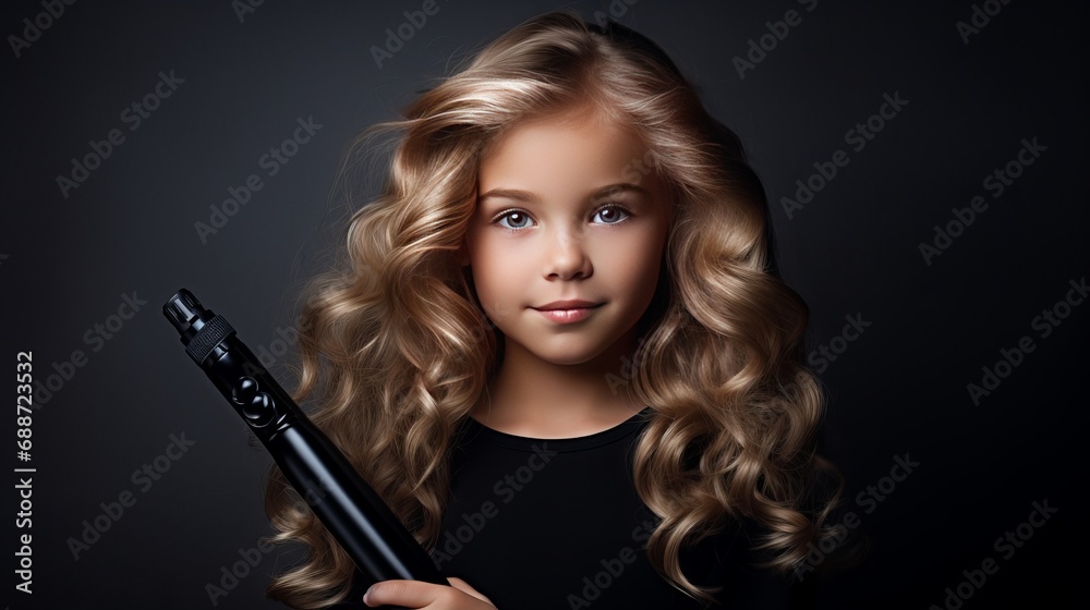 Fototapeta premium A girl who is blonde is posing in front of a curling iron.