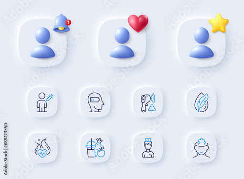 Weariness, Doctor and Hypoallergenic tested line icons. Placeholder with 3d bell, star, heart. Pack of People vaccination, Mental conundrum, Cardio training icon. Vector