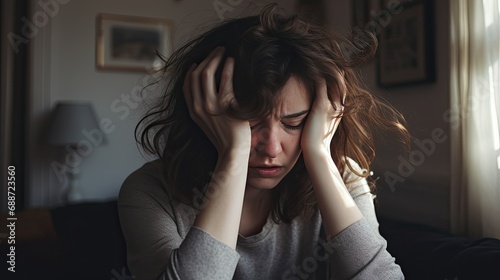 Woman with headache in home photo