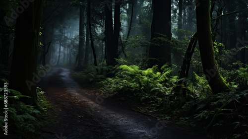 A dark forest with greenery surrounding it and a small amount of light coming from above is the location of the curvy  narrow  and muddy road.