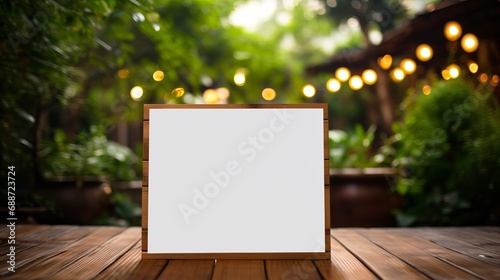 A wooden board that is white and has a blurred background of a green courtyard.