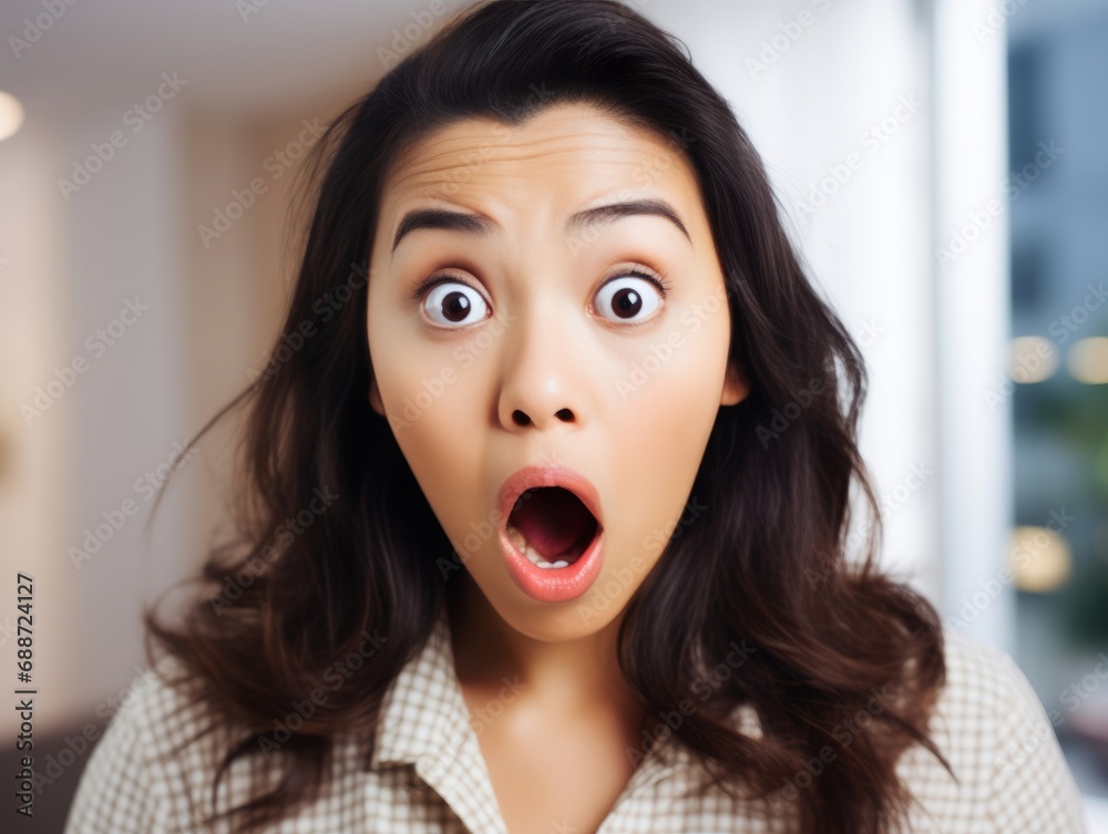 Woman with asian features who appears to be shocked Woman with asian features who appears to be shocked