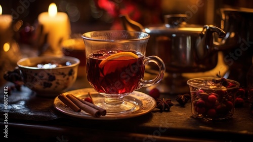 hot mulled wine against the background of the Christmas atmosphere