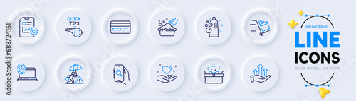 Report checklist, Push cart and Tutorials line icons for web app. Pack of Hand washing, Credit card, Search app pictogram icons. Growth chart, Clean bubbles, Risk management signs. Vector