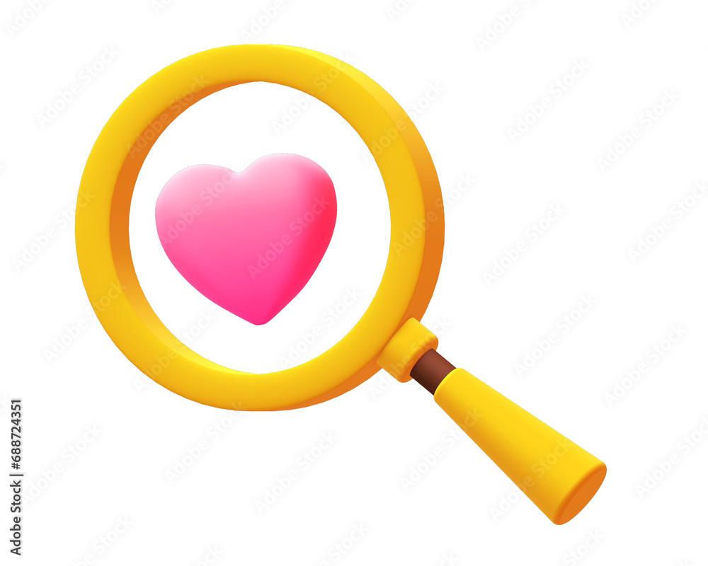 Yellow magnifier with pink heart. Cute 3d icon illustration. Yellow magnifier with pink heart. Cute 3d icon illustration.
