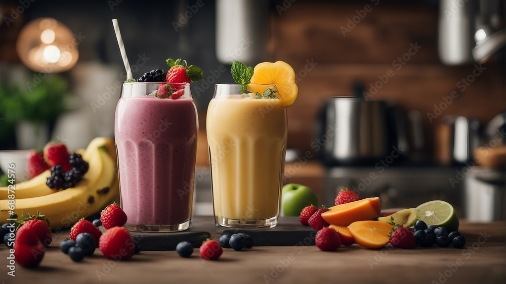 delicious smoothie with raw fruits at kitchen

