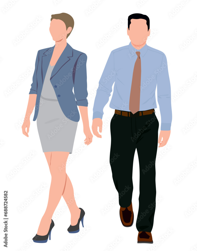 Pair of business man and woman in different pose walking. Business people posing. Pair of business man and woman in different pose walking. Business people posing.