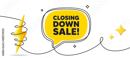 Closing down sale. Continuous line art banner. Special offer price sign. Advertising discounts symbol. Closing down sale speech bubble background. Wrapped 3d energy icon. Vector
