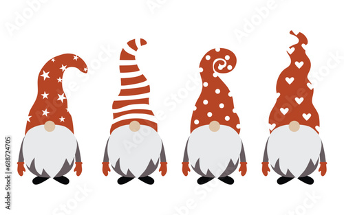 Christmas gnome, Scandinavian gnome. Set of gnomes in orange hats of different shapes on white. Vector illustration photo