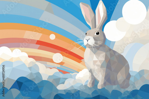 Abstract rabbit flying in the clouds with a rainbow in the sky beyond.