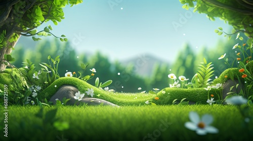 A grassy landscape that is 3d and features green leaves