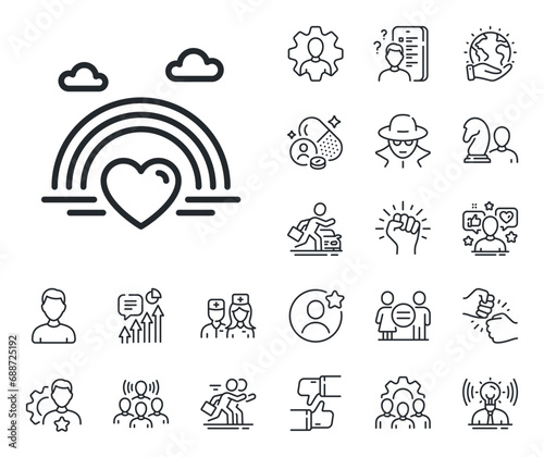 Pride rainbow with heart sign. Specialist  doctor and job competition outline icons. Lgbt line icon. Gender diversity symbol. Lgbt line sign. Avatar placeholder  spy headshot icon. Vector