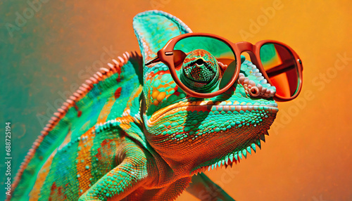 Chameleon wearing sunglasses. Emerald orange background. Generative AI