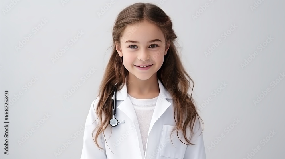 A photo of a young female doctor wearing a white medical suit and protecting mask with a stethoscope and pills against a white background. A photo of a young female doctor wearing a white medical suit and protecting mask with a stethoscope and pills against a white background.