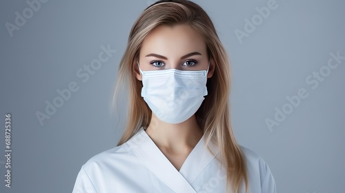A photo of a young female doctor wearing a white medical suit and protecting mask with a stethoscope and pills against a white background.