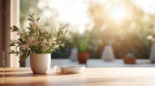 A table in 3d that is made of wood and has a blurry background from a plant window.