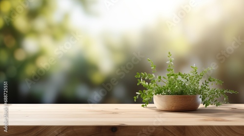 A table in 3d that is made of wood and has a blurry background from a plant window.