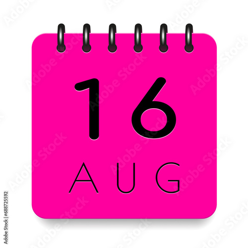 16 day of the month. August. Pink calendar daily icon. Black letters. Date day week Sunday, Monday, Tuesday, Wednesday, Thursday, Friday, Saturday. Cut paper. White background. Vector illustration.