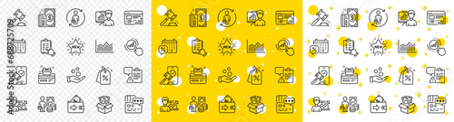 Outline Discounts calendar, Checklist and Web report line icons pack for web with New star, Auction, Loyalty card line icon. Presentation board, Money profit, Money diagram pictogram icon. Vector