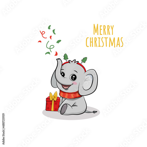 Cute cartoon elephant cub with gift, isolated on white background. Christmas card with elephant. Vector illustration