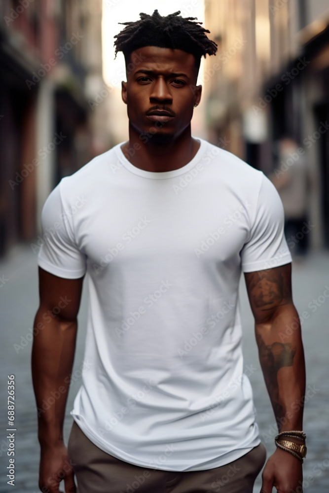 Young black man wearing white t shirt mock up at the street Young black man wearing white t shirt mock up at the street