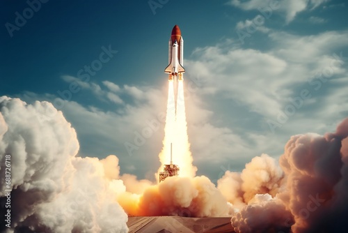 Take off space rocket on a background of blue sky. Spaceship flying in the sky