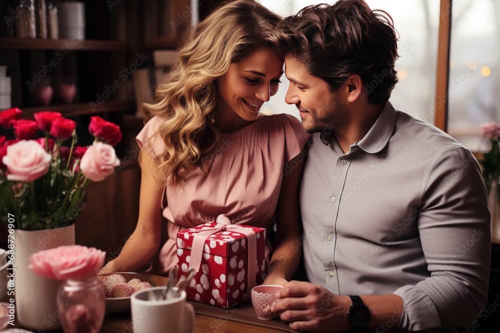 In love caucasians couple in a living room. Generative AI In love caucasians couple in a living room. Generative AI