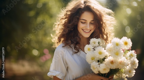 A model in a white summer dress smiles and is accompanied by an unusual and creative bouquet of flowers during her portrait.