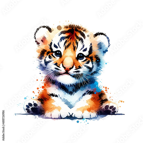 tiger cub portrayed in a minimalist and abstract watercolor style  set against a pure white background. Isolated.