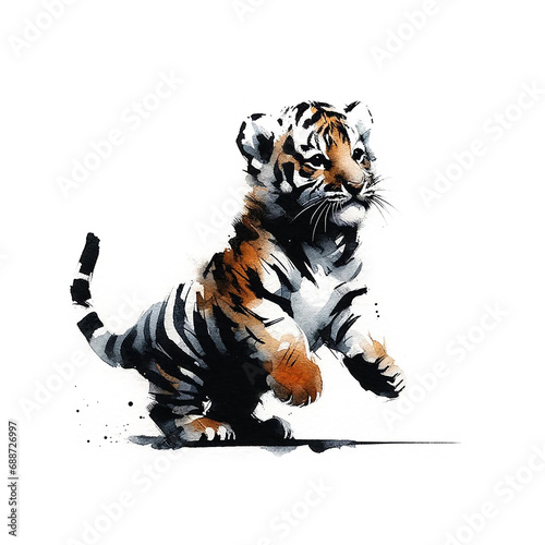 tiger cub portrayed in a minimalist and abstract watercolor style, set against a pure white background. Isolated.