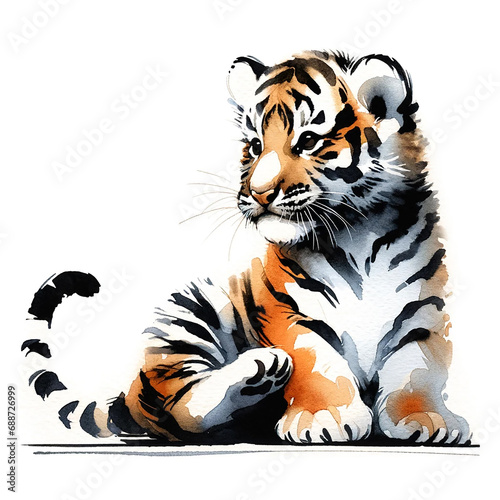 tiger cub portrayed in a minimalist and abstract watercolor style  set against a pure white background. Isolated.