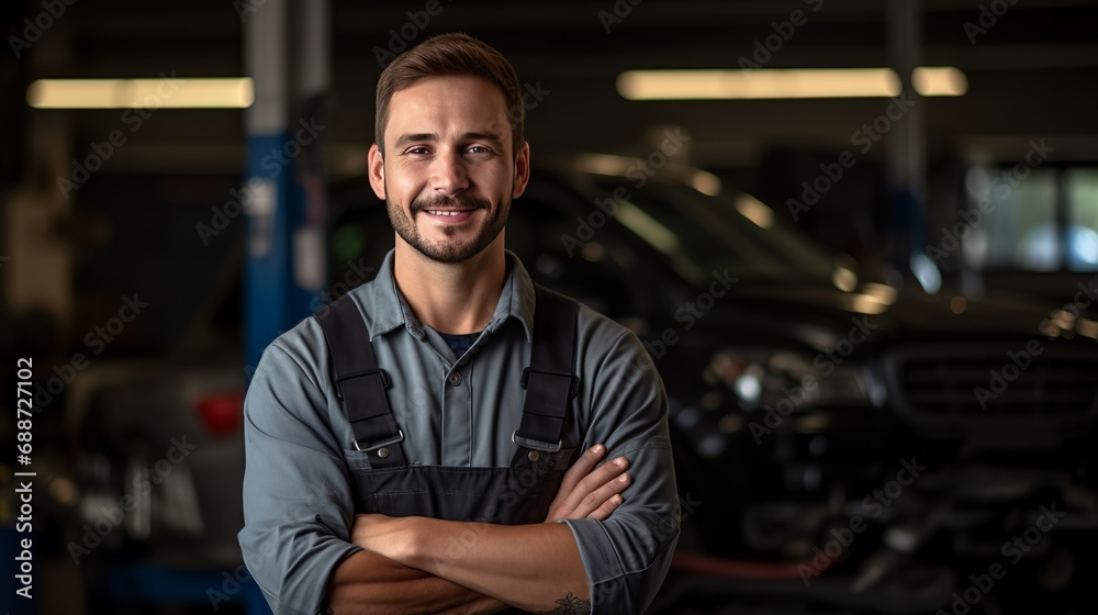 A picture of a young mechanic holding a wrench and smiling while ready to fix cars.