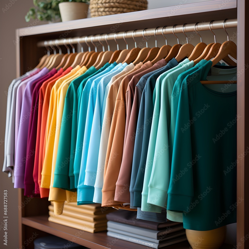 A rack with hangers holding a variety of shirts in different color shades.