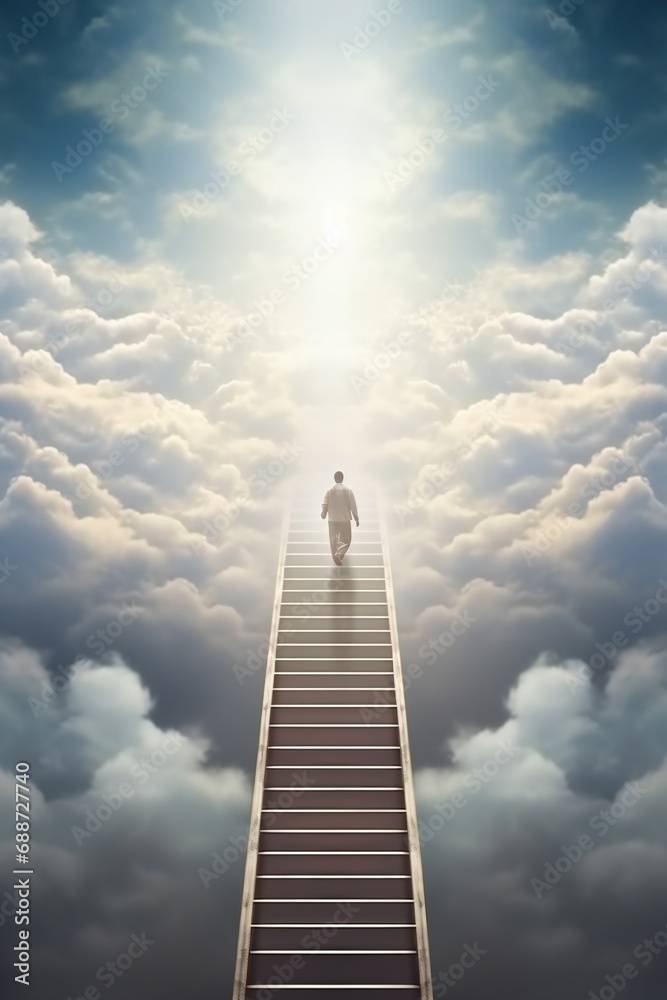 A man climbs the stairs to heaven against blue sky and clouds. Vertical orientation