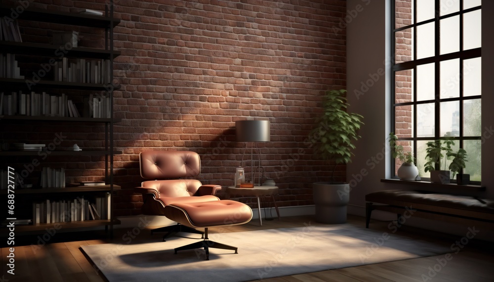modern interior of a psychologist's office. Cozy Office with a brick wall, chairs and bookshelves