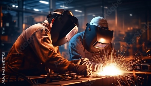 two metal workers with arc welding machine in factory wearing safety equipment.
