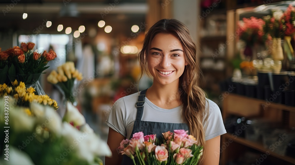 An image of a girl shop owner who is both cheerful and reliable, presenting a bouquet of flowers. - obrazy, fototapety, plakaty 