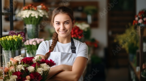 An image of a woman who works as a florist holding a ribbon and a bunch of flowers. © Elchin Abilov