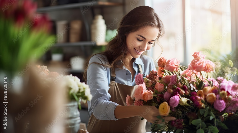 I am creating a gift for a young, beautiful florist with a colorful fresh bouquet isolated on a white studio background. the caucasian woman works in the field of art, modern work, and